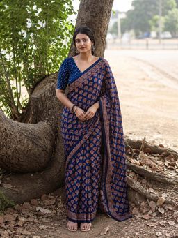 AMRUTKALA SAREES - Navy Blue Designer Linen Printed Saree with Unstitched Blouse