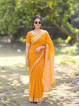 AMRUTKALA SAREES - Orange Designer Linen Printed Saree with Unstitched Blouse