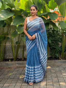 AMRUTKALA SAREES - Blue Designer Linen Printed Saree with Unstitched Blouse