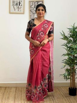 AMRUTKALA SAREES - Pink Designer Linen Printed Saree with Unstitched Blouse
