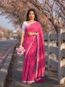 AMRUTKALA SAREES - Pink Designer Linen Printed Saree with Unstitched Blouse
