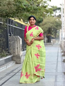 AMRUTKALA SAREES - Green Designer Linen Printed Saree with Unstitched Blouse