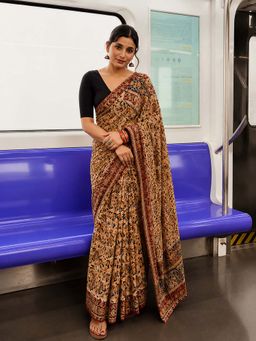 AMRUTKALA SAREES - Brown Designer Linen Printed Saree with Unstitched Blouse
