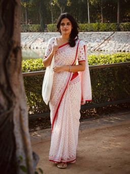 AMRUTKALA SAREES - White Designer Linen Printed Saree with Unstitched Blouse