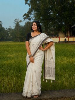 AMRUTKALA SAREES - White Designer Linen Printed Saree with Unstitched Blouse