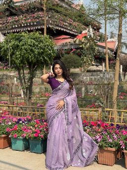 AMRUTKALA SAREES - Lavender Designer Linen Printed Saree with Unstitched Blouse