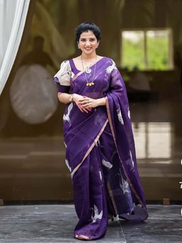 AMRUTKALA SAREES - Purple Designer Linen Printed Saree with Unstitched Blouse