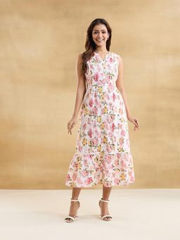 Fabindia - White Cotton Floral Printed Midi Dress