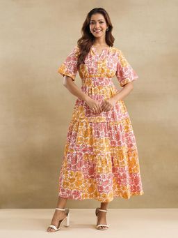 Fabindia - White Cotton Floral Printed Dress