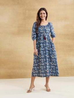 Fabindia - Blue Cotton Bagru Midi Dress