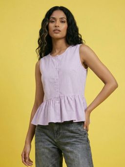 Buynewtrend - Purple Women Sleeveless Striped Button Front Peplum Top