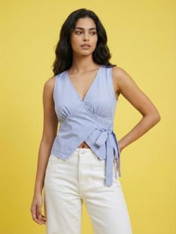 Buynewtrend - Women’S Blue Striped Wrap Top