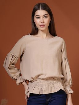 FITHUB - Women Beige Smocked Waist Puff Sleeves Top