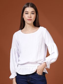 FITHUB - Women White Smocked Waist Puff Sleeves Top