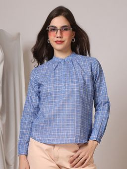 FITHUB - Women Blue Linen Checked Pleated Yoke Top