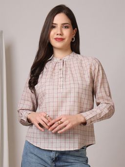 FITHUB - Women Beige Linen Checked Pleated Yoke Top