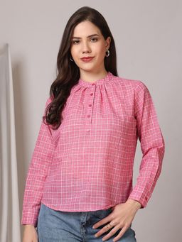 FITHUB - Women Pink Linen Checked Pleated Yoke Top