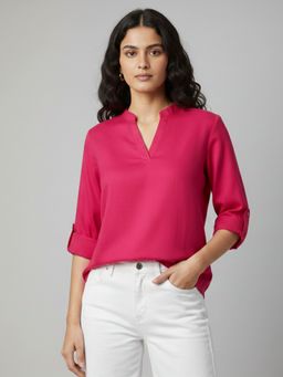ANVI Be Yourself - Solid Pink Rayon Mandarin Collar Roll-Up Sleeves Regular Top