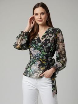 ANVI Be Yourself - Floral Printed Black Georgette V Neck Regular Top