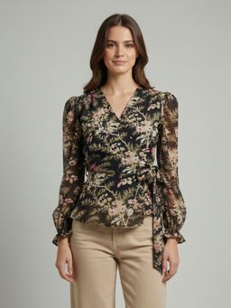 ANVI Be Yourself - Floral Printed Black Georgette V Neck Regular Top
