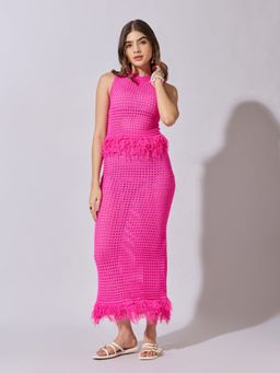 SHOWOFFFF - Women'S Crochet Pink Fringe Hem Co-Ord Set