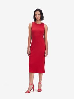 Strong And Brave - Ribbed Red Side Slit Midi Dress