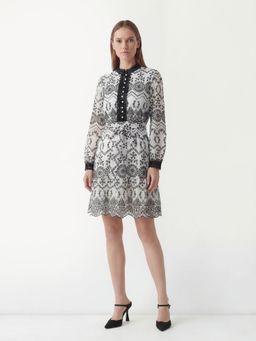 Cover Story - White Printed Schiffli Dress With Belt
