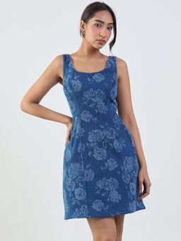 Femmella - Dark Blue Floral Print Denim Mini Dress