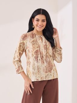 Latin Quarters - Women'S Beige Printed Round Neck Casual Top