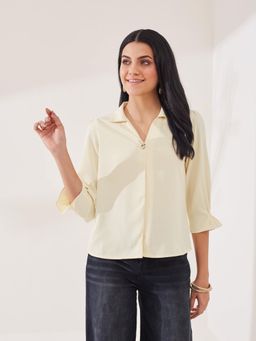 Latin Quarters - Women'S Yellow Solid Collar Neck Casual Top