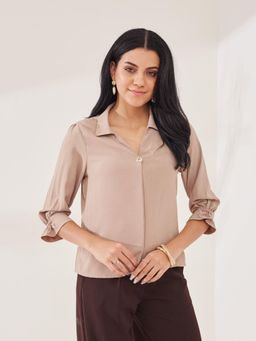 Latin Quarters - Women'S Beige Solid Collar Neck Casual Top