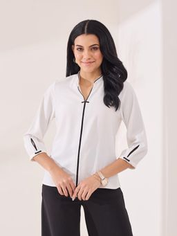 Latin Quarters - Women'S White Solid Mandarin Neck Casual Top