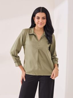 Latin Quarters - Women'S Green Solid Collar Neck Casual Top