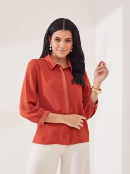 Latin Quarters - Women'S Rust Solid Collar Neck Casual Top