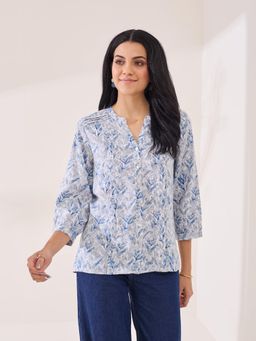 Latin Quarters - Women'S Blue Printed V-Neck Casual Shirt