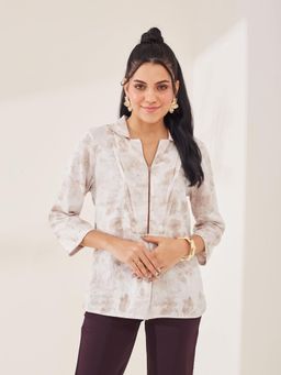 Latin Quarters - Women'S Beige Floral Printed Collar Neck Casual Top