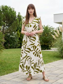 PIMU - Green V-Neck Maxi Dress With Belt