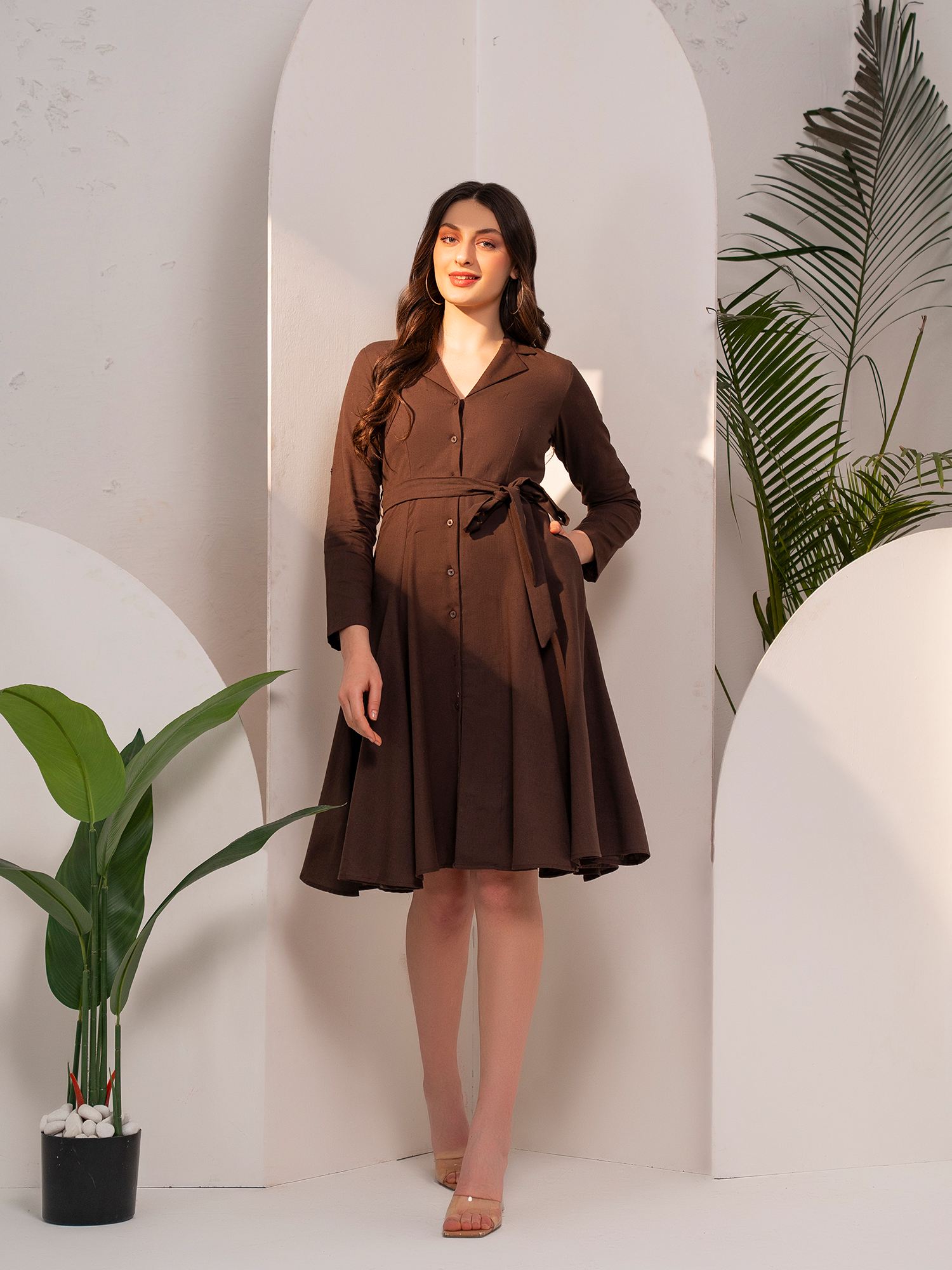 Flared Brown Shirt Dress With Belt-picture-16