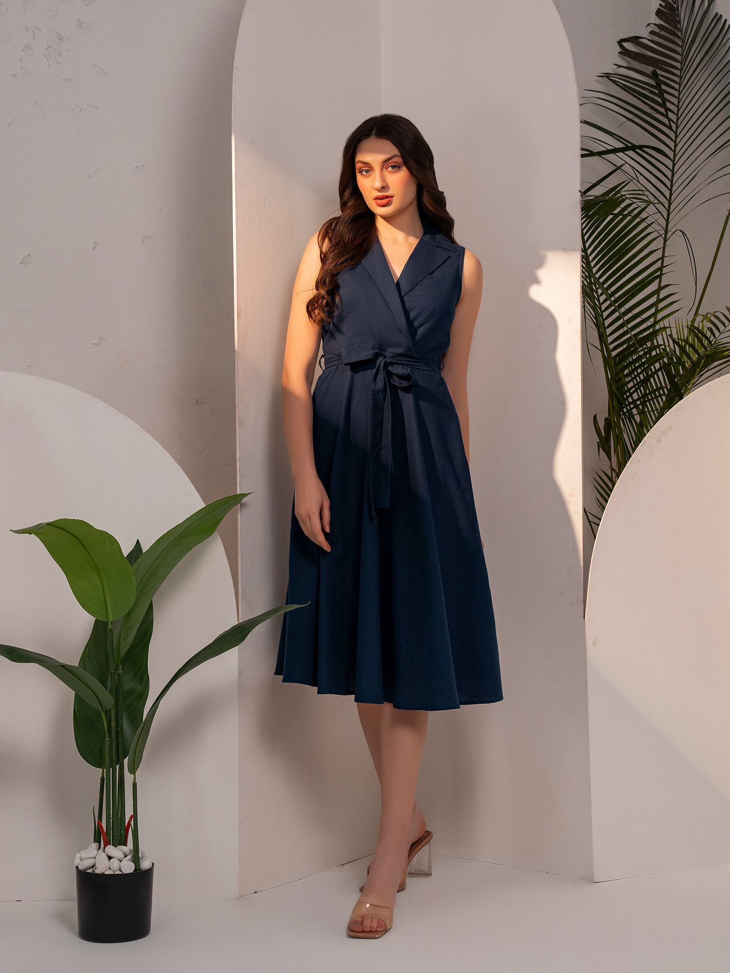 Navy Blue Fit And Flare Dress With Belt-picture-31