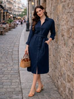 Mabish By Sonal Jain - Navy Blue Straight Shirt Dress With Belt