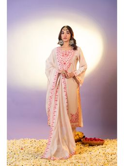 Heeposh - Women Beige Embroidered Kurta with Pant and Dupatta (Set of 3)