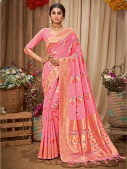 Sangam Prints - Pink Cotton Woven Zari Work Traditional Tassel Saree with Unstitched Blouse