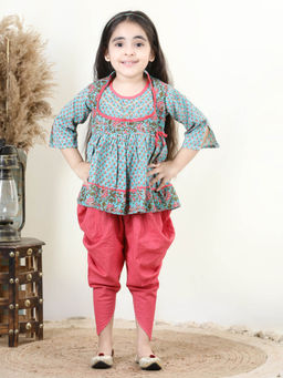 Kinder Kids - Blue Printed Lace Work Angarkha Kurti with Peach Katha Dhoti (Set of 2)