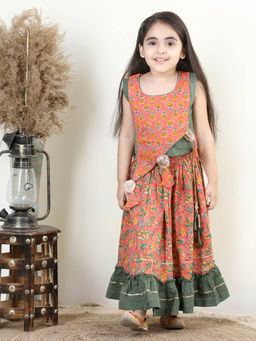 Kinder Kids - Peach Floral Katha Printed Lehenga and Blouse with Tassels Work (Set of 2)