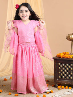 Kinder Kids - Pink Cap Sleeves Embroidered Pleated Top and Lehenga (Set of 3)