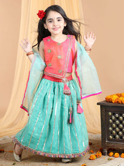 Kinder Kids - Turquoise Top with Green Printed Lehenga and Dupatta (Set of 3)