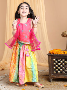 Kinder Kids - Pink Top with Multi Color Printed Lehenga and Dupatta (Set of 3)