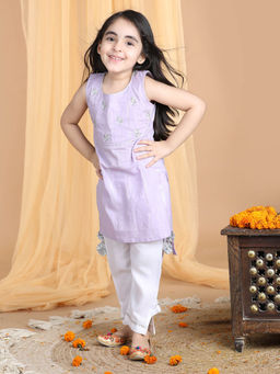 Kinder Kids - Purple Lurex Embroidered Kurta Paired with White Palazzo Pant (Set of 2)