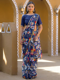SATRANI - Navy Blue Floral Chiffon Printed Saree with Unstitched Blouse