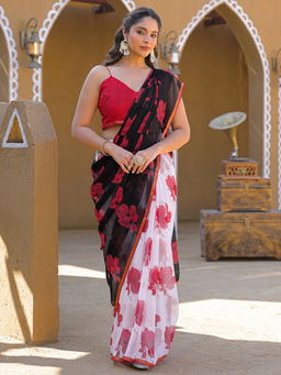 SATRANI - Off White Floral Chiffon Printed Saree with Unstitched Blouse